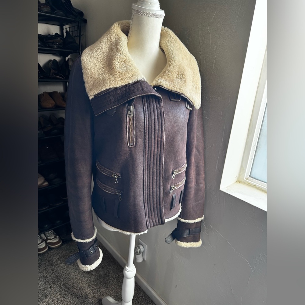 Vintage Y2K Warehouse Women’s Brown Shearling-Style Moto Jacket UK 14 USA 10